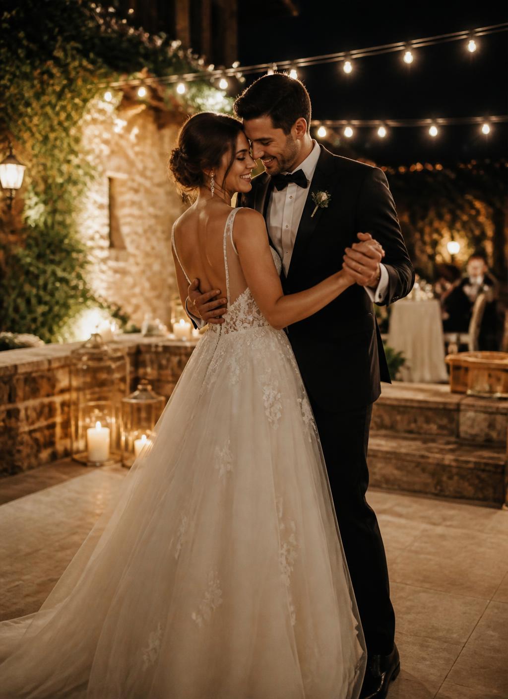 Bride and groom sharing a romantic first dance at a candlelit reception
