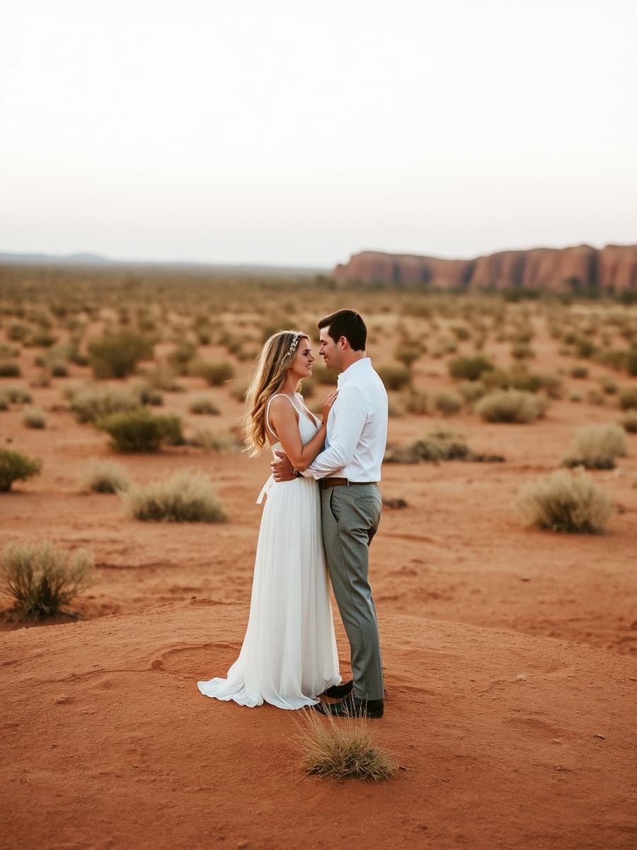 Couple standing close together in a quiet landscape at dusk