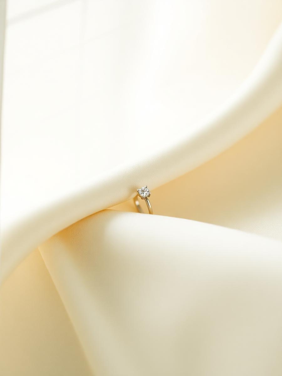 Delicate engagement ring resting on ivory silk